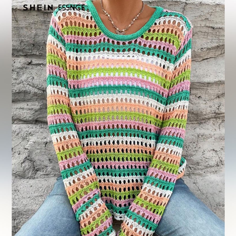 Multicolor Striped Crochet Sweater Size Small